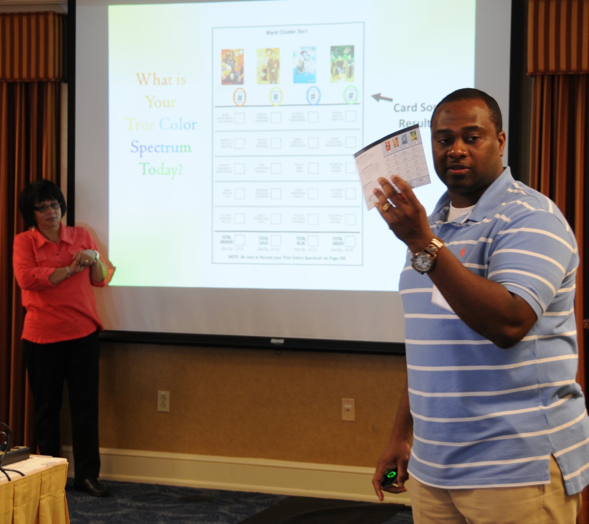 Mrs. Angeli Wade (left), 192D Fighter Wing Airmen and Family Readiness Program Manager and Captain Corwin L. Smith, 192D FW chaplain, explain “True Colors”, a self-evaluation card system that helps retreat participants understand and improve their relationships in different settings at Glen Allen, Va., Sep. 21, 2013.  This is the first “Got Your Back” singles retreat hosted by the 192D FW Chaplain Corps and Airmen and Family Readiness. (U.S. Air National Guard photo by Master Sgt. Carlos J. Claudio/Released)