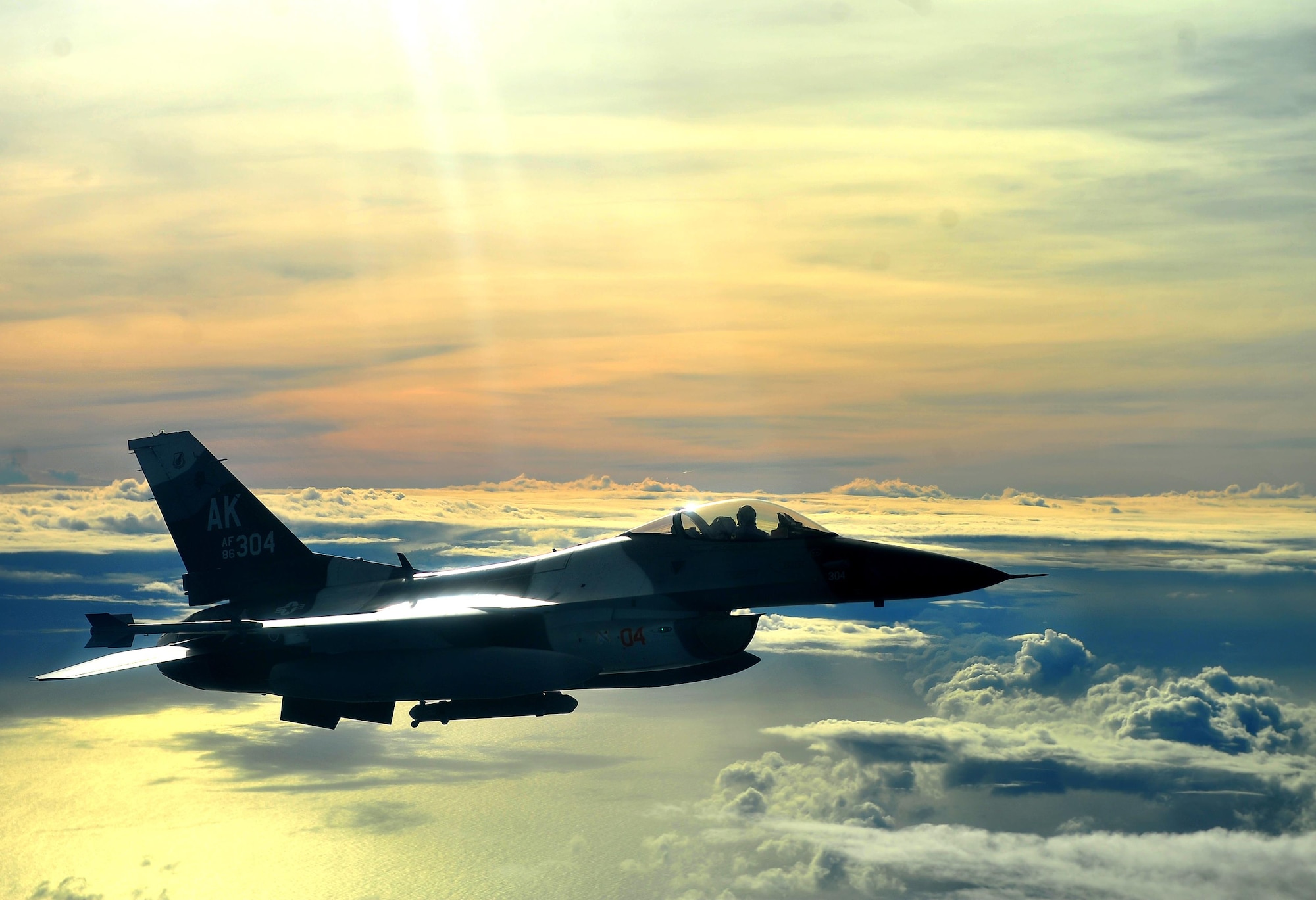 An F-16C Fighting Falcon with the 18th Aggressor Squadron flies an air-to-air combat mission in support of Cope North 13 Feb. 12, 2013, near Anderson Air Force Base, Guam. The Aggressors job is to know, teach and replicate the threat better than any other squadron. Cope North is an annual air combat tactics, humanitarian assistance and disaster relief exercise designed to increase the readiness and interoperability of the U.S. Air Force, Japan Air Self-Defense Force and Royal Australian Air Force. (U.S. Air Force photo/Senior Airman Matthew Bruch)