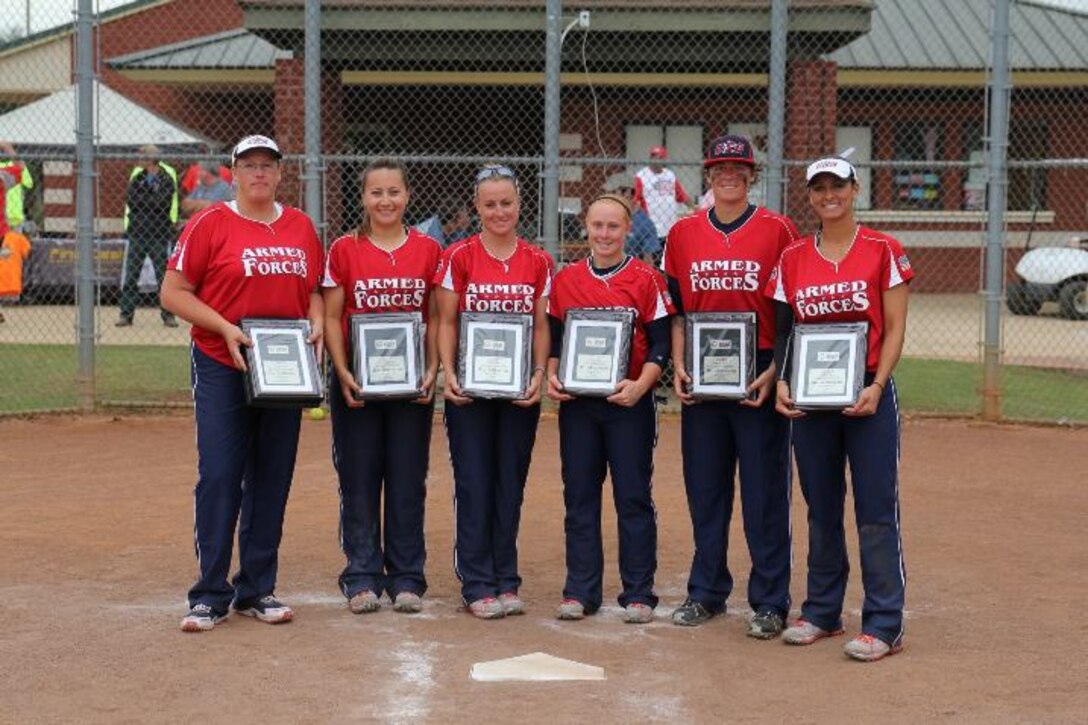 From left to right:  LTC Terri Andreoni, Army; Capt Kristina Dempsey, Air Force; SMSgt Karrie Warren, Air Force; SPC Miranda Campbell, Army; SGT Leina Braxton, Army; and MA3 Shasta Rodriguez, Navy; you 2013 All-Americans - ASA Women's Open National Championship.