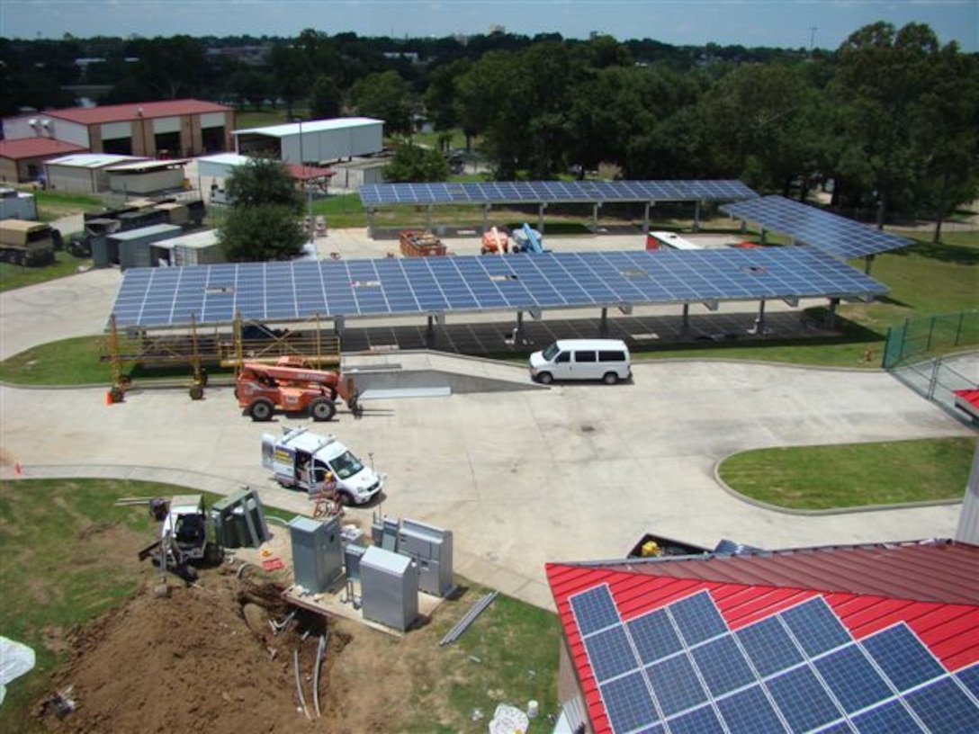 New solar photovoltaic panels are installed at the Company F, Anti-Terrorism Battalion in Lafayette, La., Sept. 12, 2012. The solar panels will help Marine Forces Reserve Energy Program managers reach the goal of 15 percent of facilities’ energy generated by renewable sources by 2015. The panels in this facility can generate up to 100 percent energy on sunny days and generate around $2,000 in savings per month. 