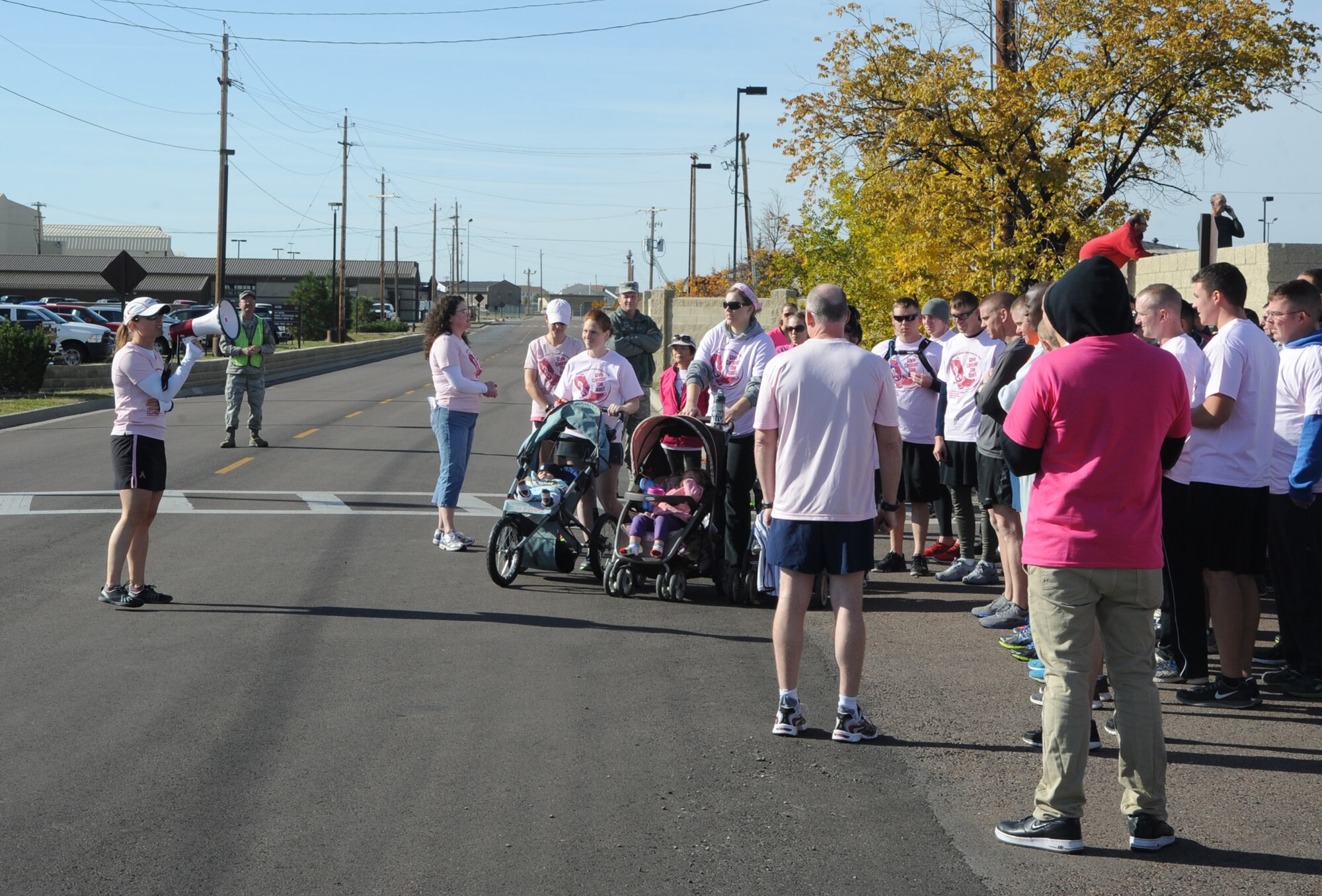 Col. Marné Deranger, 341st Missile Wing vice commander, speaks to participants of Malmstrom’s breast cancer awareness 5K run before the start of the event Oct. 10. More than 600 people participated in support of the cause. (U.S. Air Force photo/Airman 1st Class Collin Schmidt)