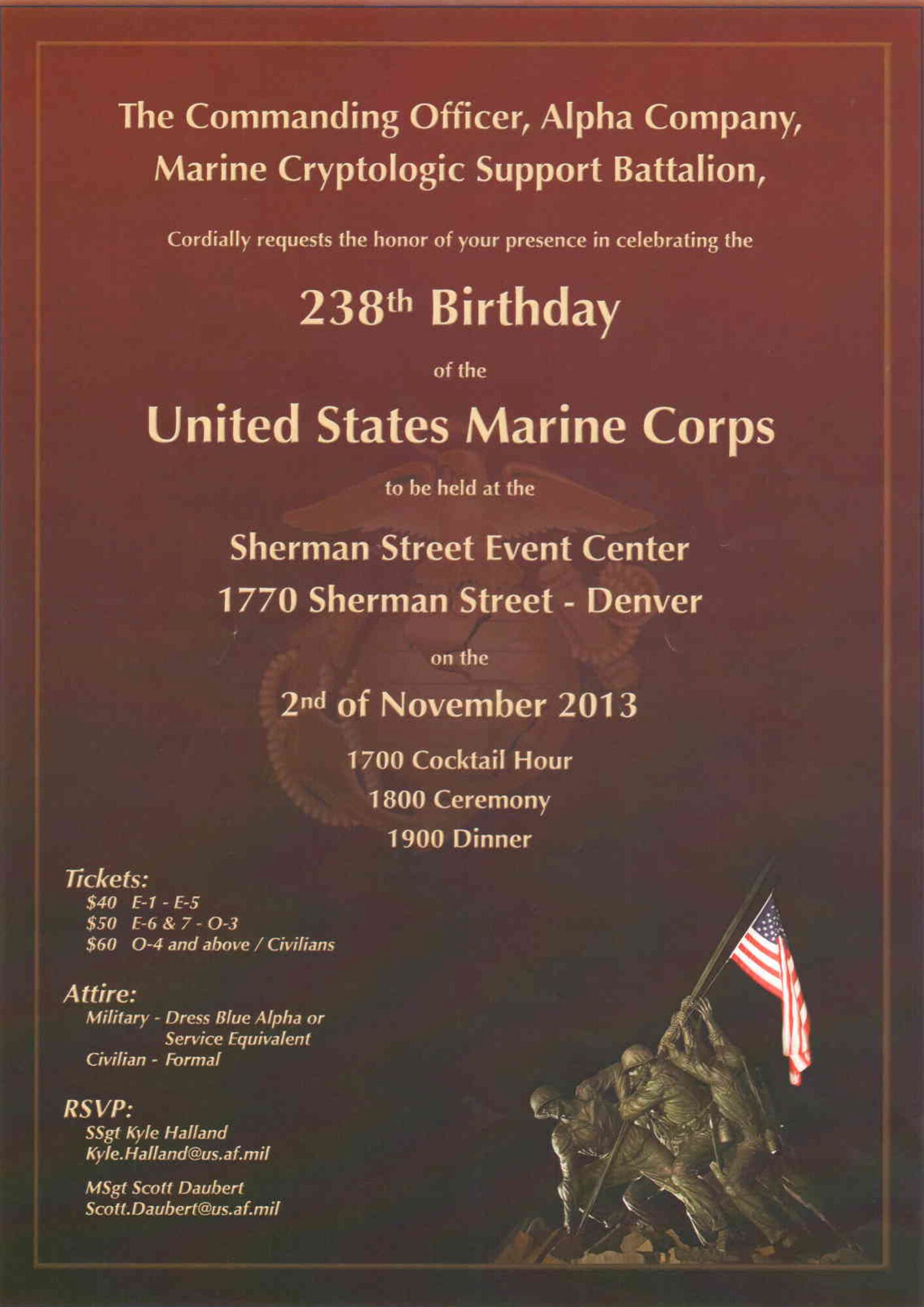 Alpha Company, Marine Cryptologic Support Battalion is hosting a U.S.Marine Corps Ball Nov. 2, 2013, to celebrate the 238th birthday of the Marine Corps at the Sherman Street Event Center in Denver.  For tickets or for more information, call 720-847-6183. (Courtesy Graphic)
