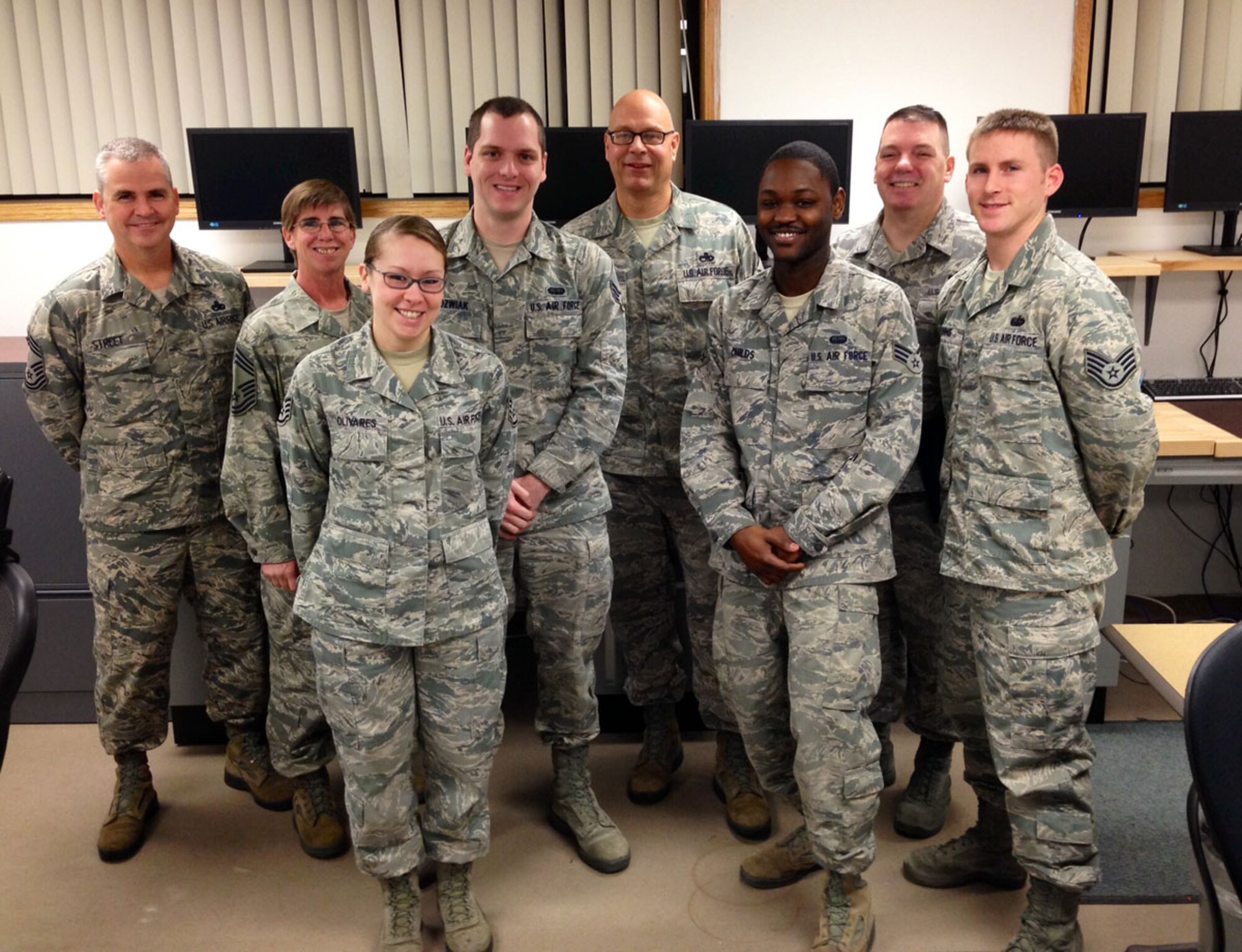 JBER Chiefs recognized the Client System Technician Team from the 3rd Maintenance Group for excellent customer service and steadfast improved efficiency.  Team members are in front row from left to right, Team Lead-SSgt Kandice Olivares, SrA Chris Jozwiak, SrA Jahmar Childs, and SSgt Jon Kuhns, not pictured is SrA Mathieu Radcliffe. (Courtesty Photo)
