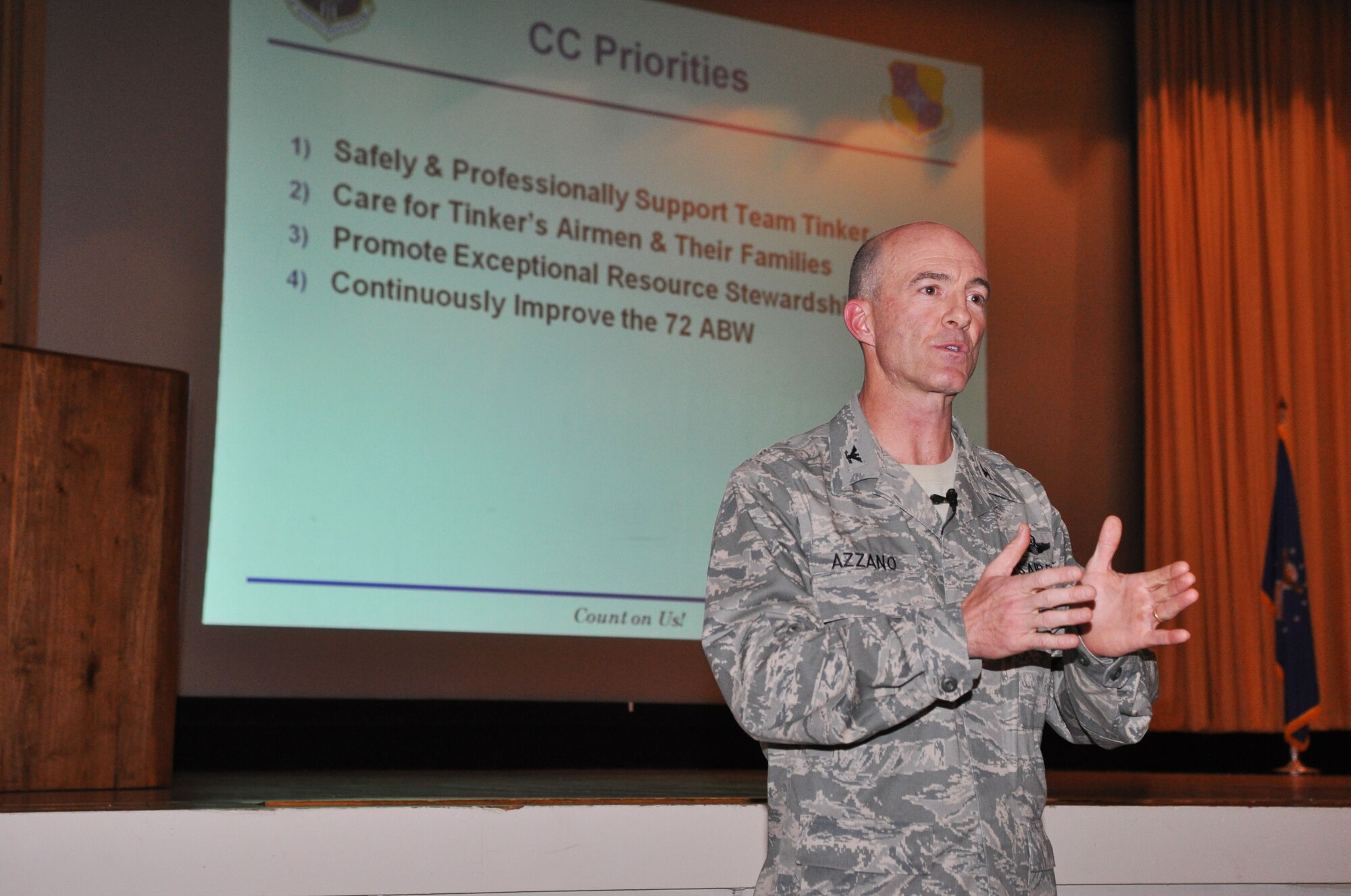 Commanders accros the Air Force Sustainment Center units at Tinker spent time with their people to reset focus on the mission after the stresses created by the government shutdown. Col. Christopher Azzano, 72nd Air Base Wing and Tinker installation commander, shares his priorities with wing members during a Commander’s Call Oct. 16. (Air Force photo by Ron Mullan)