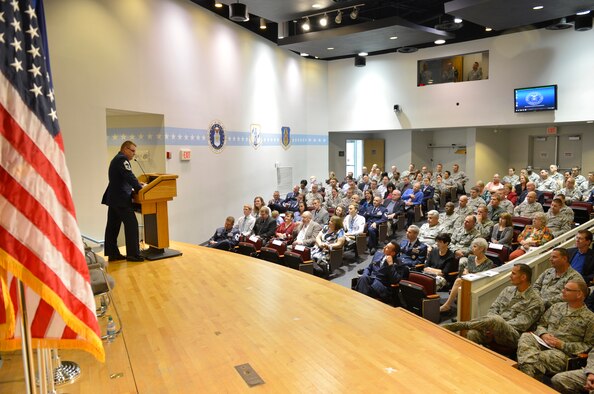 MCGHEE TYSON AIR NATIONAL GUARD BASE, Tenn. - Chief Master Sgt. Donald E. Felch, 12th commandant of the Paul H. Lankford Enlisted PME Center, thanks coworkers, family and friends for thier support in his 29 years of service in the U. S. Air Force. Felch ws honored in a retirement ceremony Oct. 16, 2013, at the I.G. Brown Training and Education Center. (U.S. Air National Gaurd photo by Master Sgt. Kurt Skoglund/Released) 