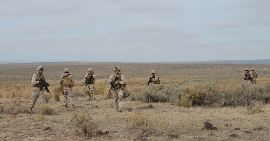 Marines from 1st Air Naval Gunfire Liaison Company return from performing a 360 degree perimeter during combat search and rescue training Oct. 14, 2013, at the Saylor Creek range. "Our objective was to link up with our German JTAC counterparts, establish communication with air assets, locate the aircrew and extract them ASAP,” said Marine Capt. Chris Walker, 1st ANGLICO joint terminal attack control team seven leader. “The pilots were communicating with those aircraft and we needed to zero in on their location to extract them before the opposition force found them. The German JTACs utilized close-air support to eliminate OPFOR convoys and ground personnel who were closing on our position." (U.S. Air Force photo by Senior Airman Benjamin Sutton/RELEASED)  
