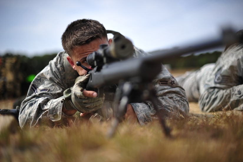 JOINT BASE MCGUIRE-DIX-LAKEHURST, N.J. -- Airman 1st Class Nicholas Zinner, a security forces fire team member and close precision engagement course candidate  assigned to the 621st Contingency Response Wing, fires at a 600-meter target on a training range here Oct. 3. Zinner and six other sharpshooter candidates were participating in a 10-day CPEC indoctrination course to prepare them for the more rigorous 19-day U.S. Air Force CPEC course at Fort Bliss, Texas.  (U.S. Air Force photo by Tech. Sgt. Parker Gyokeres)