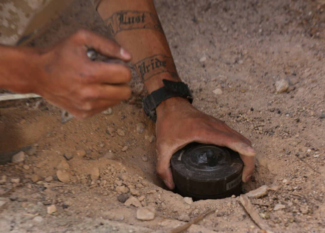 Corporal Keegan Snell, an assaultman section leader with Animal Company, 1st Battalion, 7th Marine Regiment, and a native of Sierra Vista, Ariz., buries a training mine before a raid training exercise here, Oct. 9, 2013. The Animal Co. Marines inserted into a training town by fast roping from UH-1Y Huey Helicopters and engaged enemy role players while a designated team captured a suspected high-ranking insurgent. More than 20 Marines in the company were designated as enemy combatants and set up traps and obstacles throughout the town to challenge the assaulting Marines.