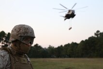 Lance Cpl. Rodrigo Ortega, a landing support specialist with Landing Support Platoon, Combat Logistics Battalion 24, 2nd Marine Logistics Group, waits for a CH-53E Super Stallion with Marine Heavy Helicopter Squadron 461 to drop its payload during a battalion exercise aboard Camp Lejeune, N.C., Oct. 17, 2013. The platoon trained with HMH-461 to ensure mission readiness and provide the battalion with simulations of deployment scenarios. 