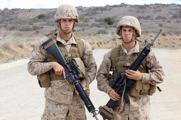 Pfc. Andrew L. Haymaker (left) and Pfc. Kale D. Milette (right), Platoon 1053, Company C, 1st Recruit Training Battalion, are step brothers and both enlisted in the Marine Corps. It is unusual for siblings to go through recruit training together, much less to endure training in the same platoon.