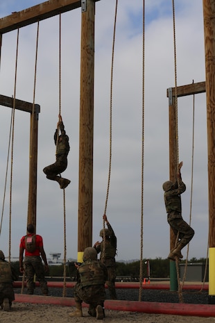 Recruits of Company B, 1st Recruit Training Battalion, attempt to climb the 20-foot rope with helmet and flak during the Obstacle Course.Recruits struggle with this obstacle due to their exhaustion.