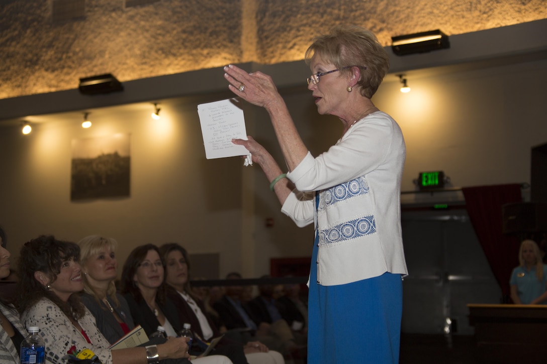 Bonnie Amos, First Lady of the Marine Corps, gives inspirational advice to military spouses during a Heroes at Home event aboard Marine Corps Air Station Miramar, Calif., Oct 17. Amos encouraged them to volunteer and be involved to support each other.