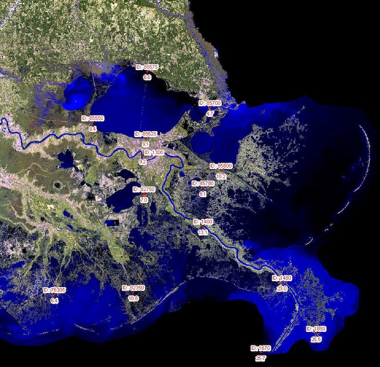 Observed Relative Sea Level Trends for USACE gauges in Southeast Louisiana.(Source: Atlas of U.S. Army Corps of Engineers Historic Daily Tide Data in Coastal Louisiana, figure 8.) 
