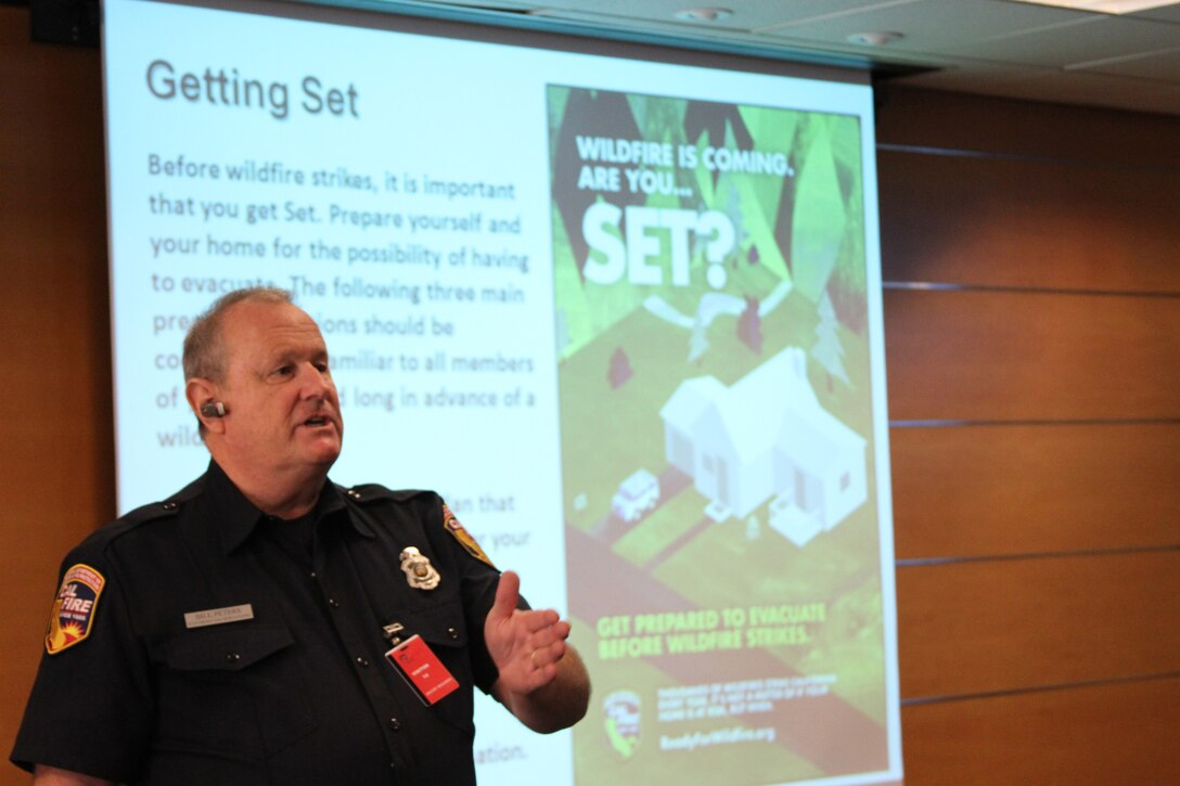 Bill Peters, a fire prevention specialist with the California Department of Forestry and Fire Protection, spoke to Corps employees about the dangers of wildfires during a lunch and learn session at the District's headquarters Oct. 16.