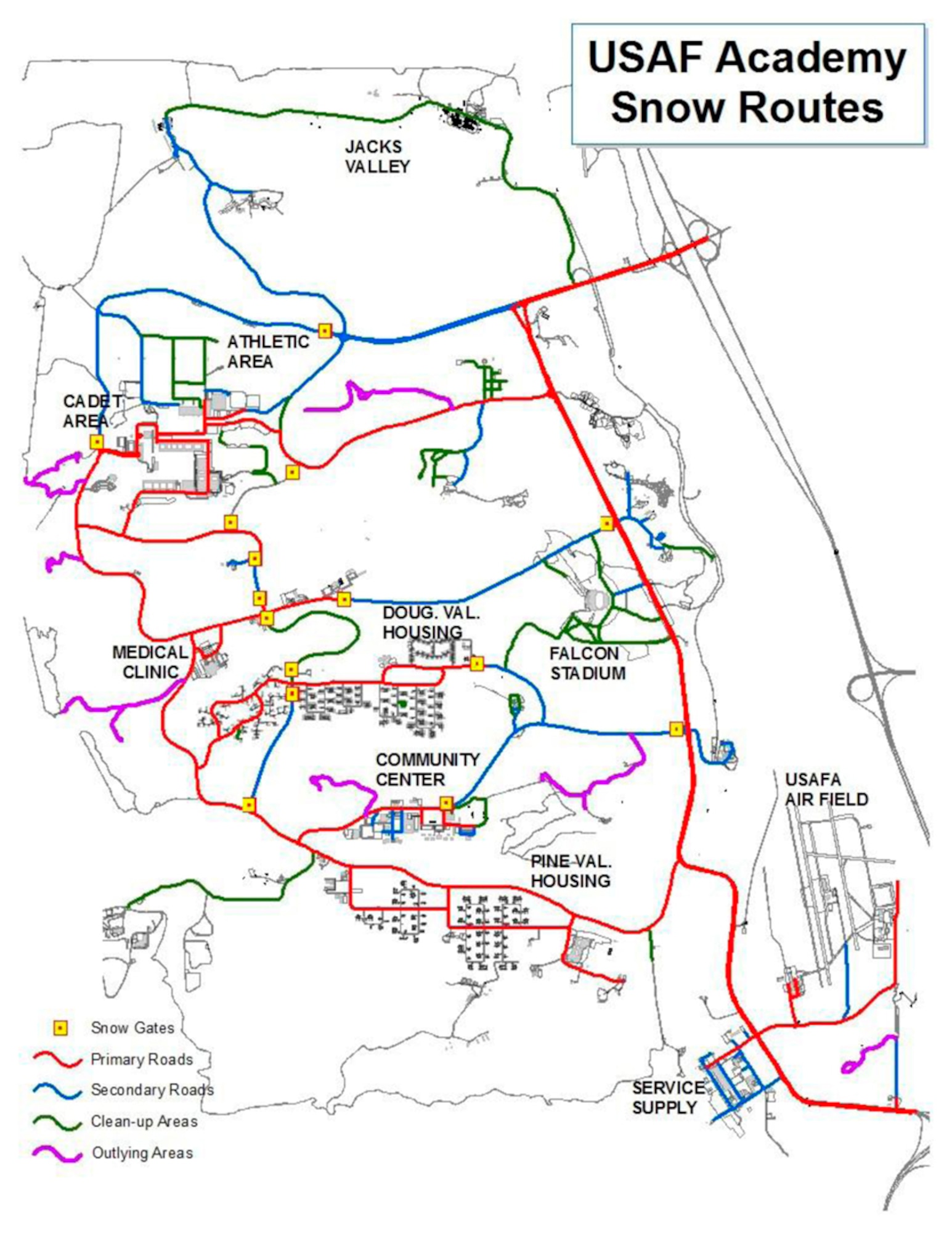 Red roads are for emergency access or primary snow routes and are open at all hours. Blue roads are major roads and considered secondary routes.