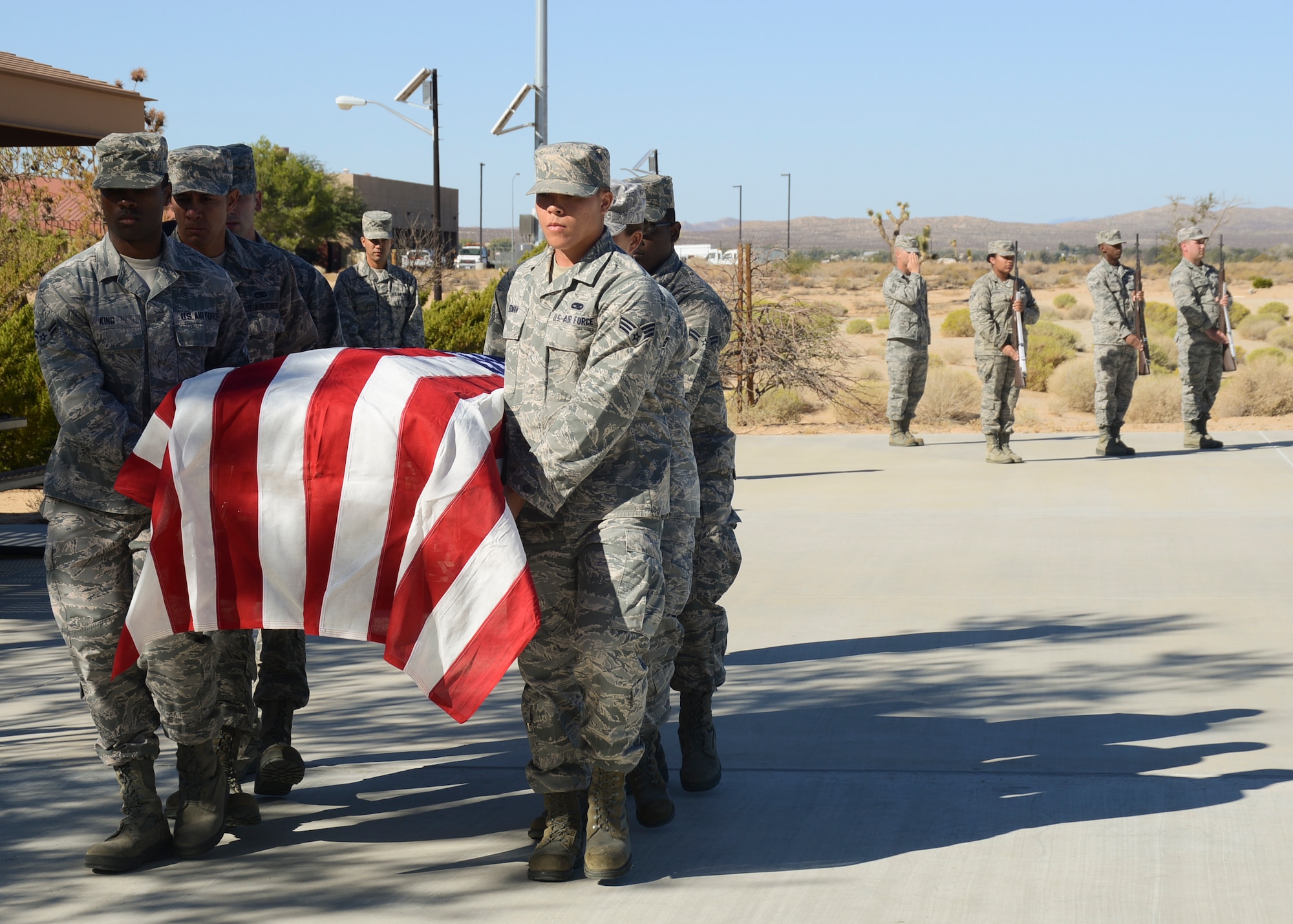 Seventeen Airmen performed a mock funeral during a graduation ceremony at the Airmen Leadership School where they became ceremonial guardsmen Oct. 16. (U.S. Air Force photo by Rebecca Amber).