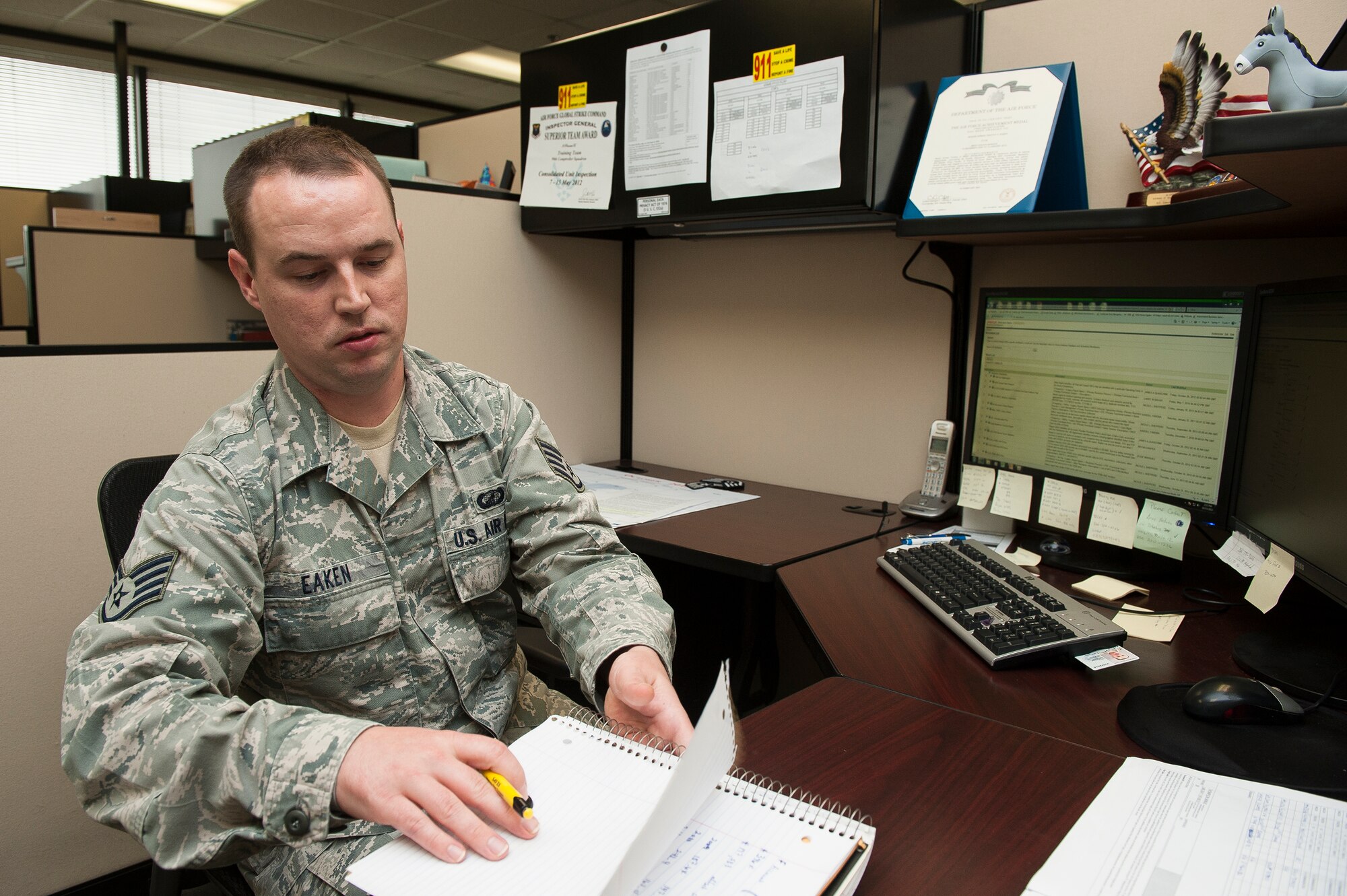 Staff Sgt. Timothy Eaken, a 19th Comptroller Squadron budget analyst, checks the status of funds available for the 19th Airlift Wing Oct. 15, 2013, at Little Rock Air Force Base, Ark. The South Roxanne, Ill., native performs the checks to ensure funding is being used for mission critical uses only.  (U.S. Air Force photo by Staff Sgt. Russ Scalf)
