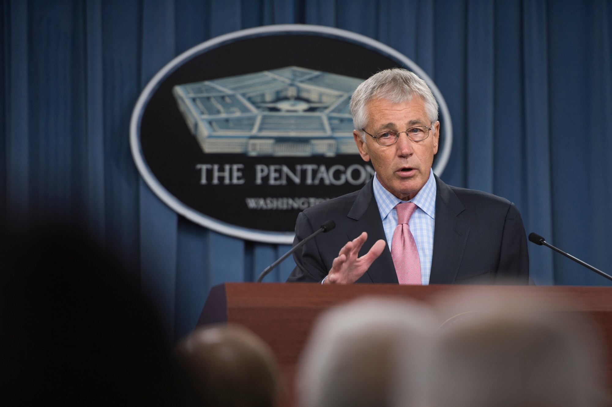 Defense Secretary Chuck Hagel talks about the government shutdown during a news conference at the Pentagon, Oct. 17, 2013. (DOD photo by Marine Corps Sgt. Aaron Hostutler) 
