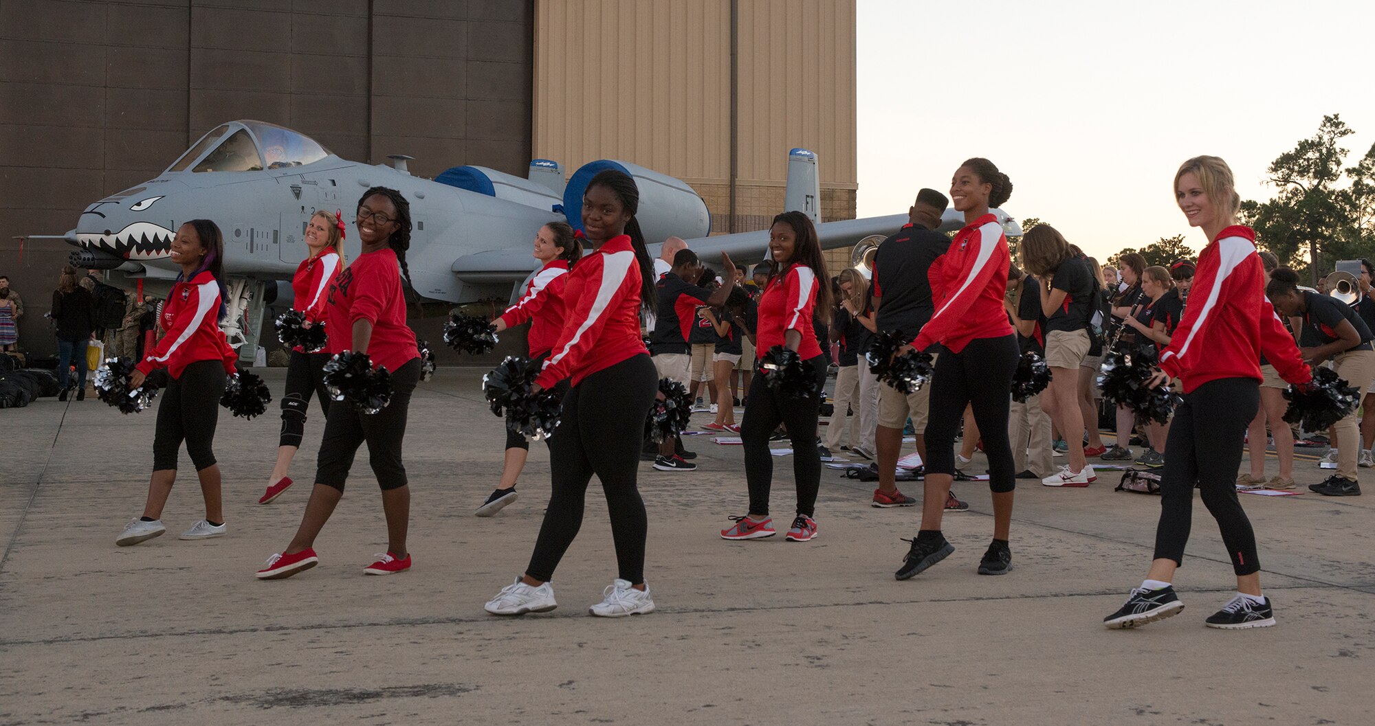Valdosta State University marching band dancers perform at Moody Air Force Base, Ga., Oct. 9, 2013. The VSU marching band greeted more than 300 Airmen returning from deployment. (U.S. Air Force photo by Airman 1st Class Ryan Callaghan/Released)
