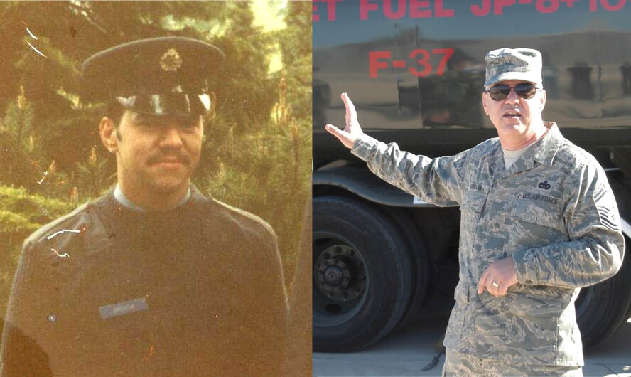 Senior Master Sgt. Stephen Brook, in his early years as a member of the Royal Air Force, left, and currently at Luke Air Force Base. (Courtesy photo)