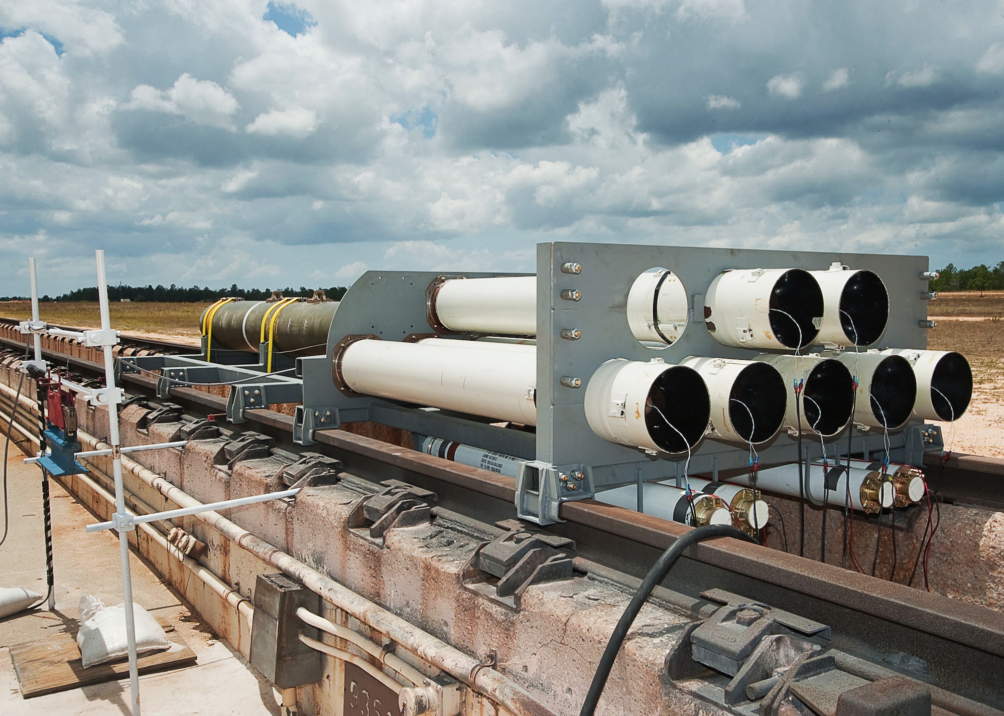 A warhead sits ready to launch prior to the 2,000th sled test shot earlier this year at Eglin Air Force Base, Fla.  Eglin’s sled track is part of the 96th Test Wing’s Kinetic Energy Munitions Test Facility at the Eglin Test and Training Complex Test Area C-74.  The KEMTF at ETTC has been in operation since 1956 and reached 1,000 sled test missions in September 1978.  The unit surpasses 2,000 test shots this summer.  (Courtesy photo)   