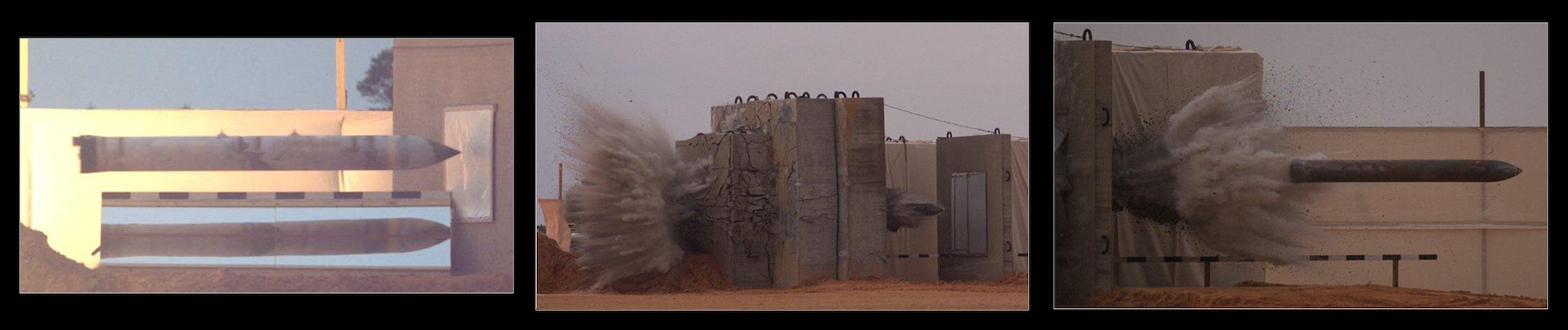 The graphic displays a sled-propelled warhead just before it penetrates the target, midway through the target and exiting the target.  Eglin’s sled track is part of the 96th Test Wing’s Kinetic Energy Munitions Test Facility at the Eglin Test and Training Complex Test Area C-74.  The KEMTF at ETTC has been in operation since 1956 and reached 1,000 sled test missions in September 1978.  The unit surpasses 2,000 test shots this summer.  (Courtesy photos)  (Graphic illustration/Samuel King Jr.)  