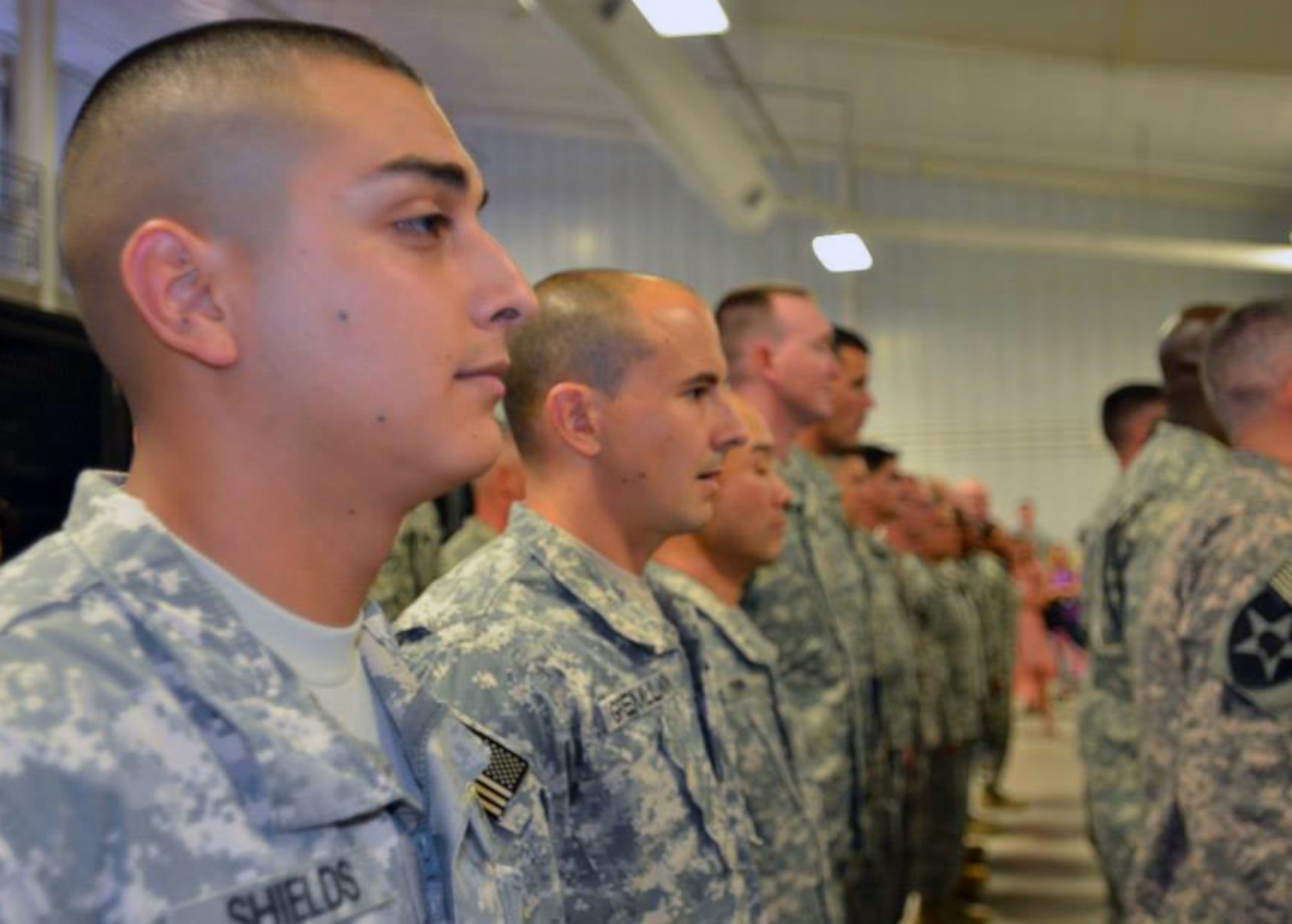 Soldiers from 31st Air Defense Artillery Brigade Headquarters, Headquarters Detachment stand in formation prior to deployment at Fort Sill, Okla., Sept. 10, 2013. The Soldiers are deployed to the 379th Air Expeditionary Wing and throughout the U.S. Central Command area of responsibility in Support of Operation Enduring Freedom. (U.S. Army photo/Staff Sgt. Nathan Akridge)