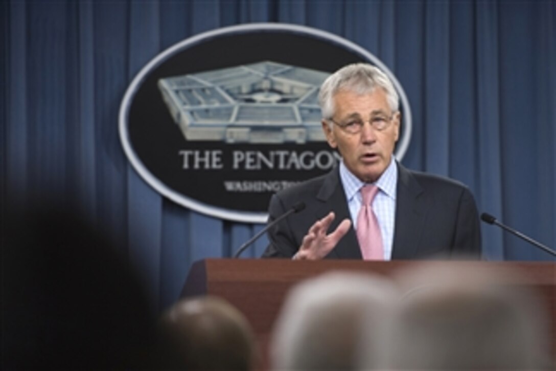 Secretary of Defense Chuck Hagel talks to reporters concerning the government shutdown at a press conference at the Pentagon in Arlington, Va., on Oct. 17, 2013.  