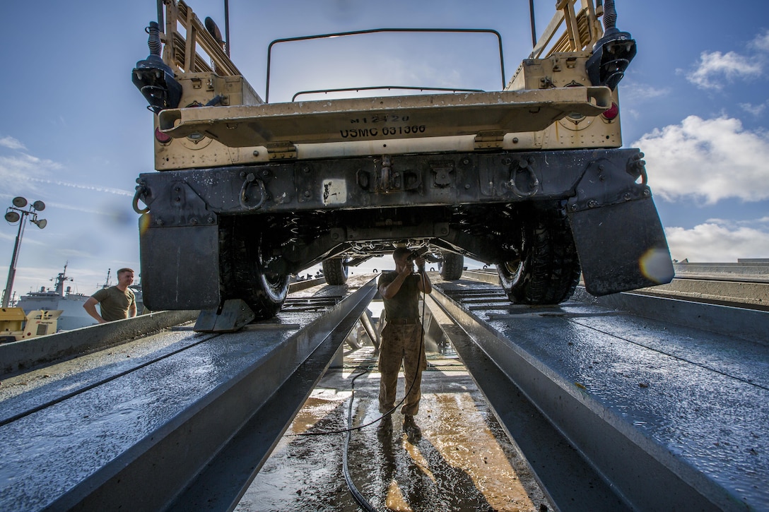 U.S. Marines assigned to 26th Marine Expeditionary Unit (MEU) rinse a Humvee prior to being inspected by U.S. Customs agents during the 26th MEU’s wash down in Naval Station Rota, Spain, Oct. 19, 2013. The 26th MEU is a Marine Air-Ground Task Force forward-deployed to the U.S. 6th Fleet areas of responsibility aboard the Kearsarge Amphibious Ready Group serving as a sea-based, expeditionary crisis response force capable of conducting amphibious operations across the full range of military operations.  (U.S. Marine Corps photo by Sgt. Christopher Q. Stone, 26th MEU Combat Camera/Released) 