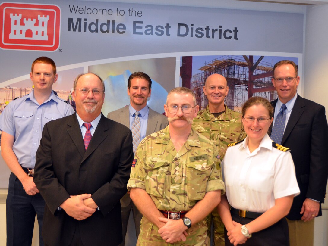 Visiting UK delegation and their Middle East District hosts, left to right: FLT LT David Littlemore, Rich Dickson, Jason Thomas, CAPT William Macgill, MAJ Paul Brooks, CDR Fiona Shepherd and John Pitts. (USACE Photo by Jan Dove)