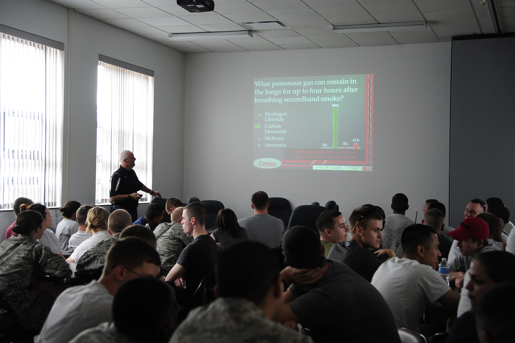 Jeff Huffman, Department of Justice Grant “Wing It!” program coordinator, interacts with Airmen at a “Dysfunctional Games” event Oct. 10, 2013, during the Community Fair and Wingman Day at Whiteman Air Force Base, Mo. Airmen aged 26 and under worked in teams to test their knowledge about drugs, alcohol, violence and resources. (U.S. Air Force photo by Staff Sgt. Brigitte N. Brantley/Released) 