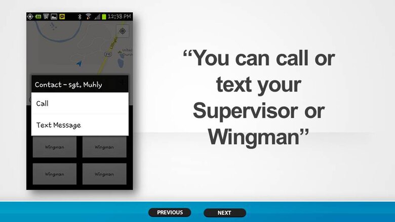 Screen shots from the Wingmanship app created by Airman 1st Class Hwansung Kim, 43d Logistics Readiness Squadron, Pope Army Airfield, N.C.  Wingmanship is an Android mobile application that provides functionality for calling a Wingman, finding a taxi, hotel, calling the base directory or an emergency contact that is available for free at the Google Play Store.  (U.S. Air Force photo/Marvin Krause)