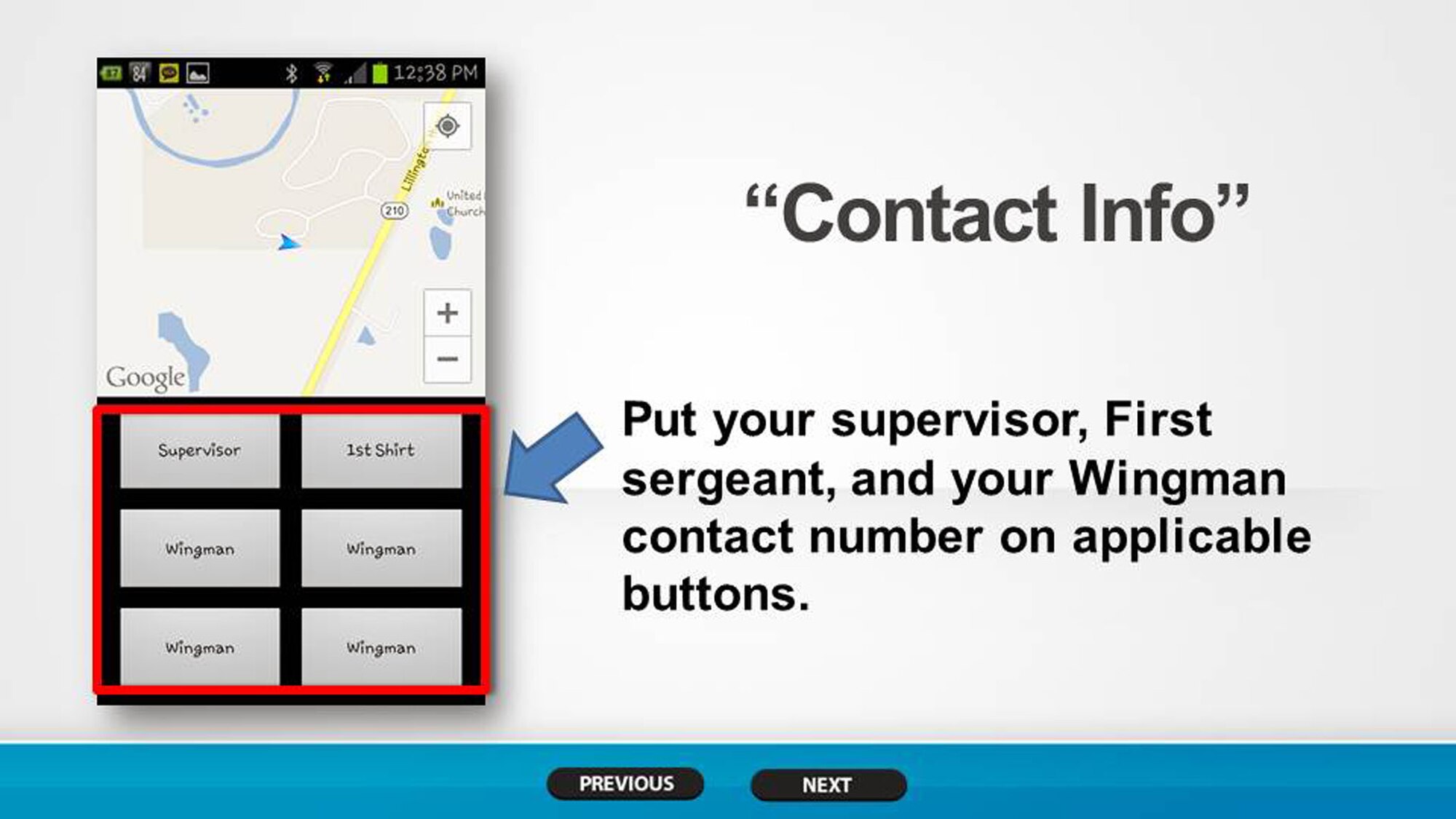 Screen shots from the Wingmanship app created by Airman 1st Class Hwansung Kim, 43d Logistics Readiness Squadron, Pope Army Airfield, N.C.  Wingmanship is an Android mobile application that provides functionality for calling a Wingman, finding a taxi, hotel, calling the base directory or an emergency contact that is available for free at the Google Play Store.  (U.S. Air Force photo/Marvin Krause)