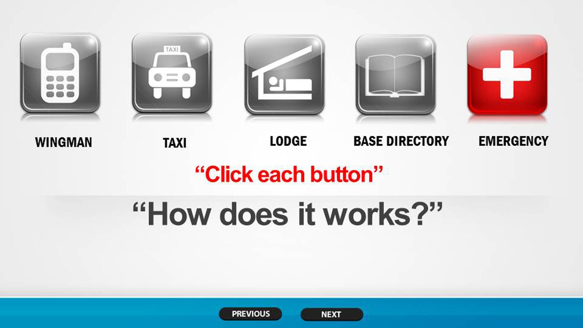 Screen shots from the Wingmanship app created by Airman 1st Class Hwansung Kim, 43d Logistics Readiness Squadron, Pope Army Airfield, N.C.  Wingmanship is an Android mobile application that provides functionality for calling a Wingman, finding a taxi, hotel, calling the base directory or an emergency contact that is available for free at the Google Play Store.  (U.S. Air Force photo/Marvin Krause)