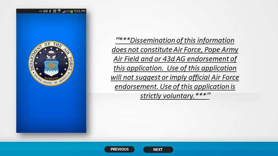 Screen shots from the Wingmanship app created by Airman 1st Class Hwansung Kim, 43d Logistics Readiness Squadron, Pope Army Airfield, N.C.  Wingmanship is an Android mobile application that provides functionality for calling a Wingman, finding a taxi, hotel, calling the base directory or an emergency contact that is available for free at the Google Play Store.  (U.S. Air Force photo/Marvin Krause)