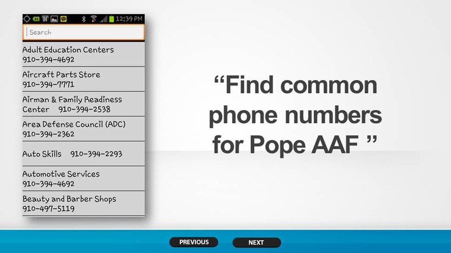 Screen shots from the Wingmanship app created by Airman 1st Class Hwansung Kim, 43d Logistics Readiness Squadron, Pope Army Airfield, N.C.  Wingmanship is an Android mobile application that provides functionality for calling a Wingman, finding a taxi, hotel, calling the base directory or an emergency contact that is available for free at the Google Play Store.  (U.S. Air Force photo/Marvin Krause)