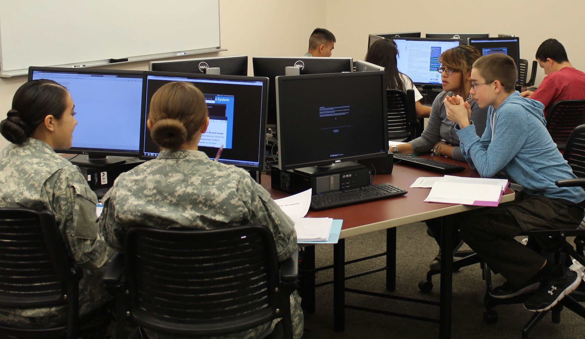 Students from Sandia High School practice their computing skills in preparation for Cyber Patriot, a national cyber-defense event created by the Air Force Association and sponsored primarily by Northrop Grumman.  The competition is designed to give high school students hands-on exposure to the foundations of cyber security.  (Photo by Dave Pearson)