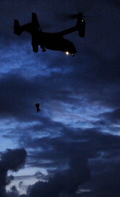 Two pararescuemen from the 23rd Special Tactics Squadron are hoisted up by a CV-22 Osprey out of the Santa Rosa Sound Oct. 17, 2013. They were pulled from the water as part of a night training exercise.   (U.S. Air Force photo/Staff Sgt. Jeff Andrejcik)