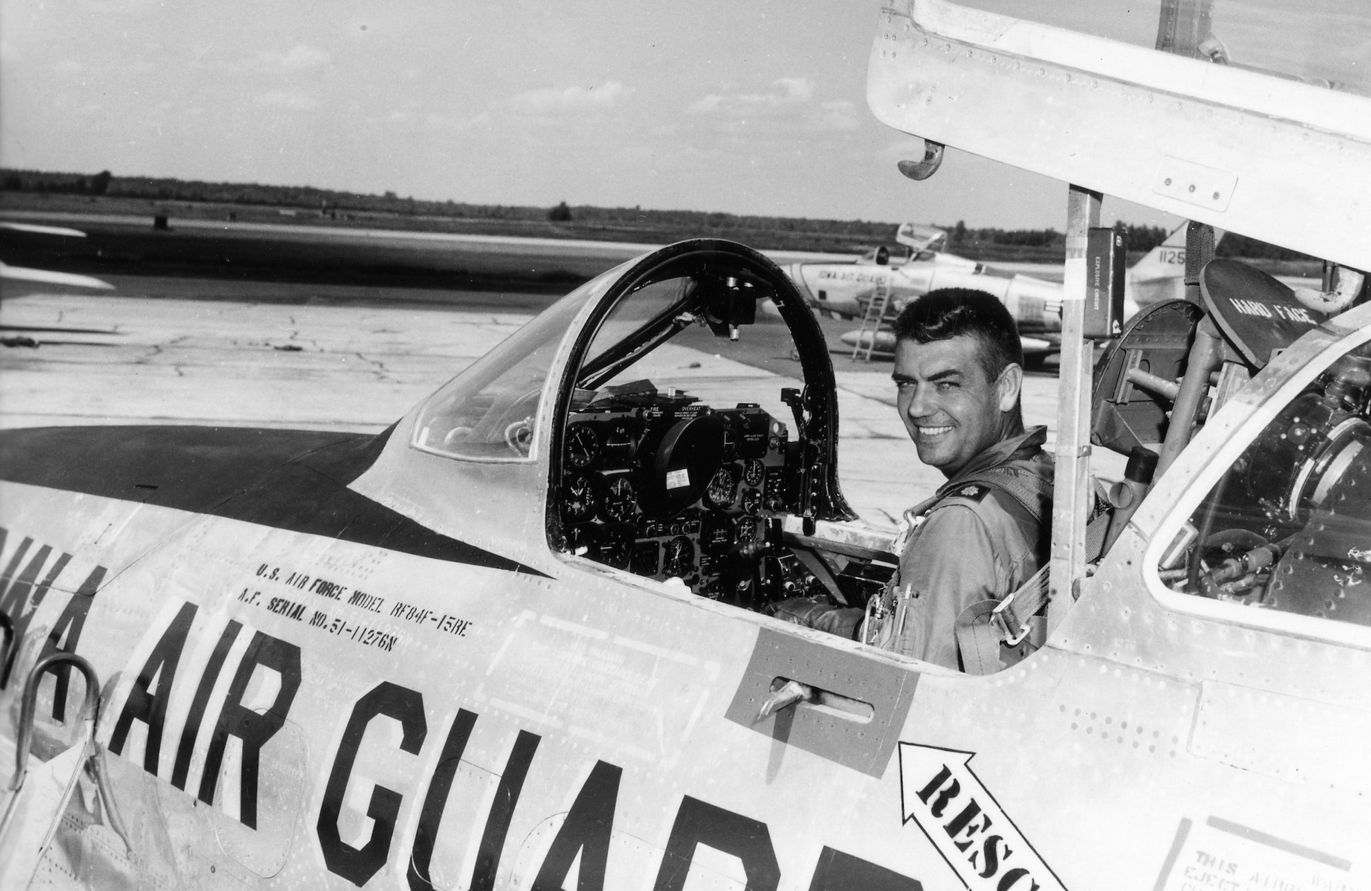 A pilot from the 174th Tactical Reconnaissance Squadron at the controls of  an Iowa National Guard RF-84 in Sioux City, Iowa in 1960.