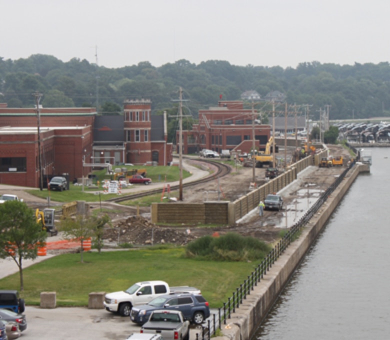 Construction of a flood wall to protect the Iowa American Water Treatment Plant in Davenport, Iowa, nears completion.