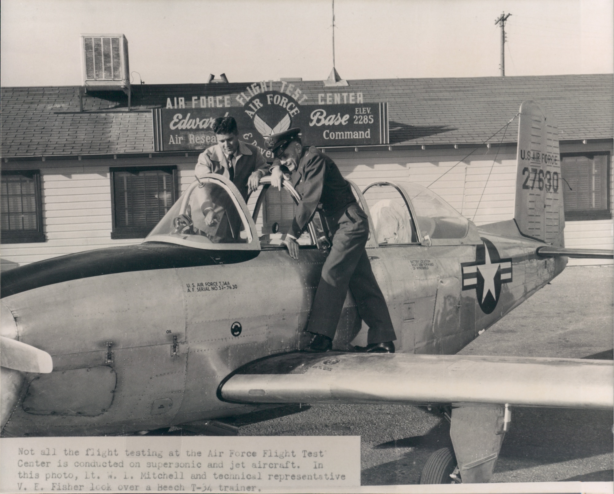 An original photo of the production Beechcraft T-34 “Mentor” that hung in Club Muroc. The aircraft in the photo returned for a one-day visit 60 years after its service at Edwards AFB. The G-11 model was one of three T-34’s that came to Edwards in October1953 for acceptance testing. (U.S. Air Force photo)
