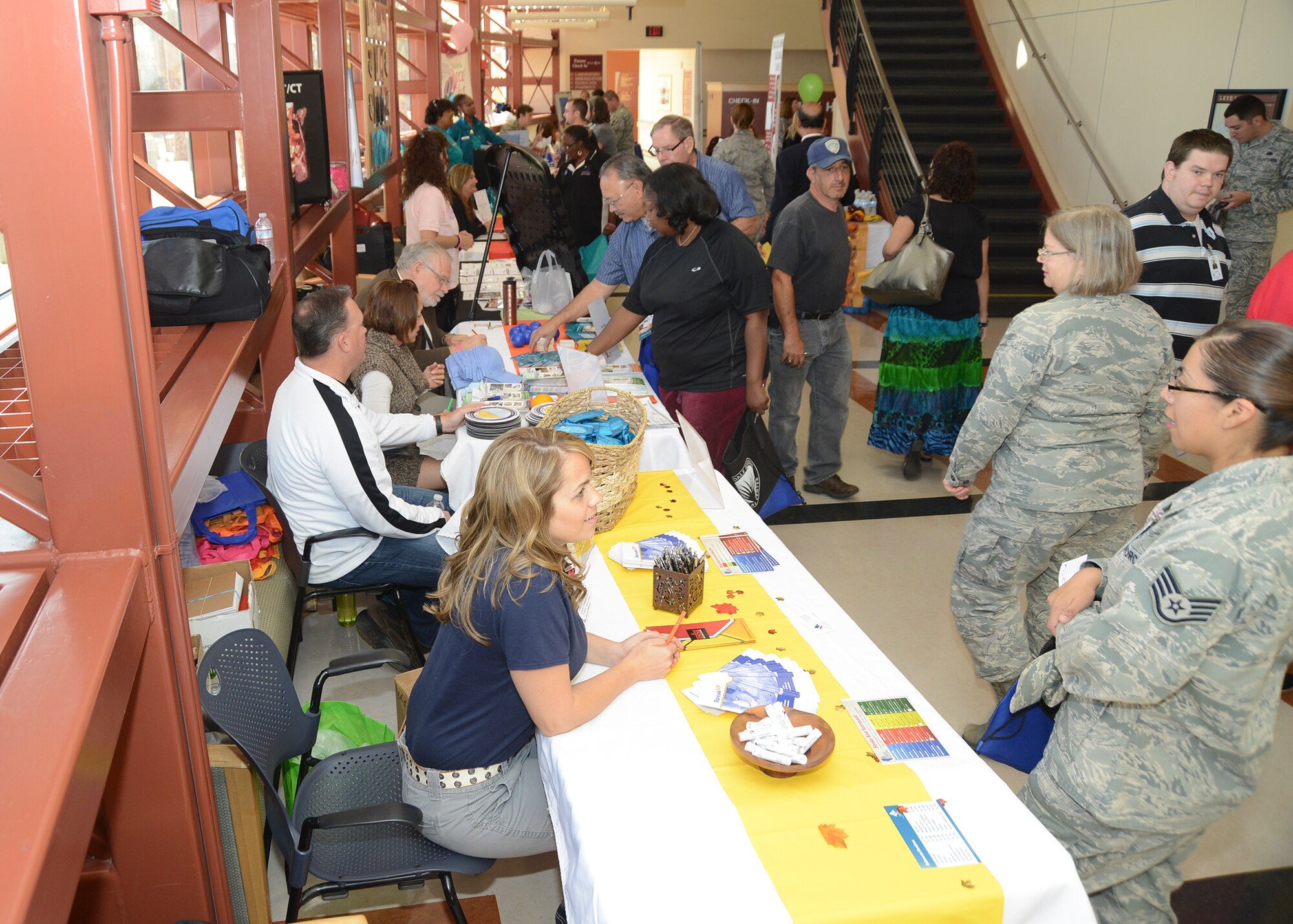 The 412th Medical Group Main Clinic transformed its lobby into a mini convention center to host its health fair Oct. 17. The event lasted from 10 a.m. to 2 p.m. Representatives from health facilities on base and off were present to answer questions and pass out information on health and wellness. Representatives from off base included people from Palmdale Regional Medical Center and Antelope Valley Hospital. (U.S. Air Force photo by Kenji Thuloweit)