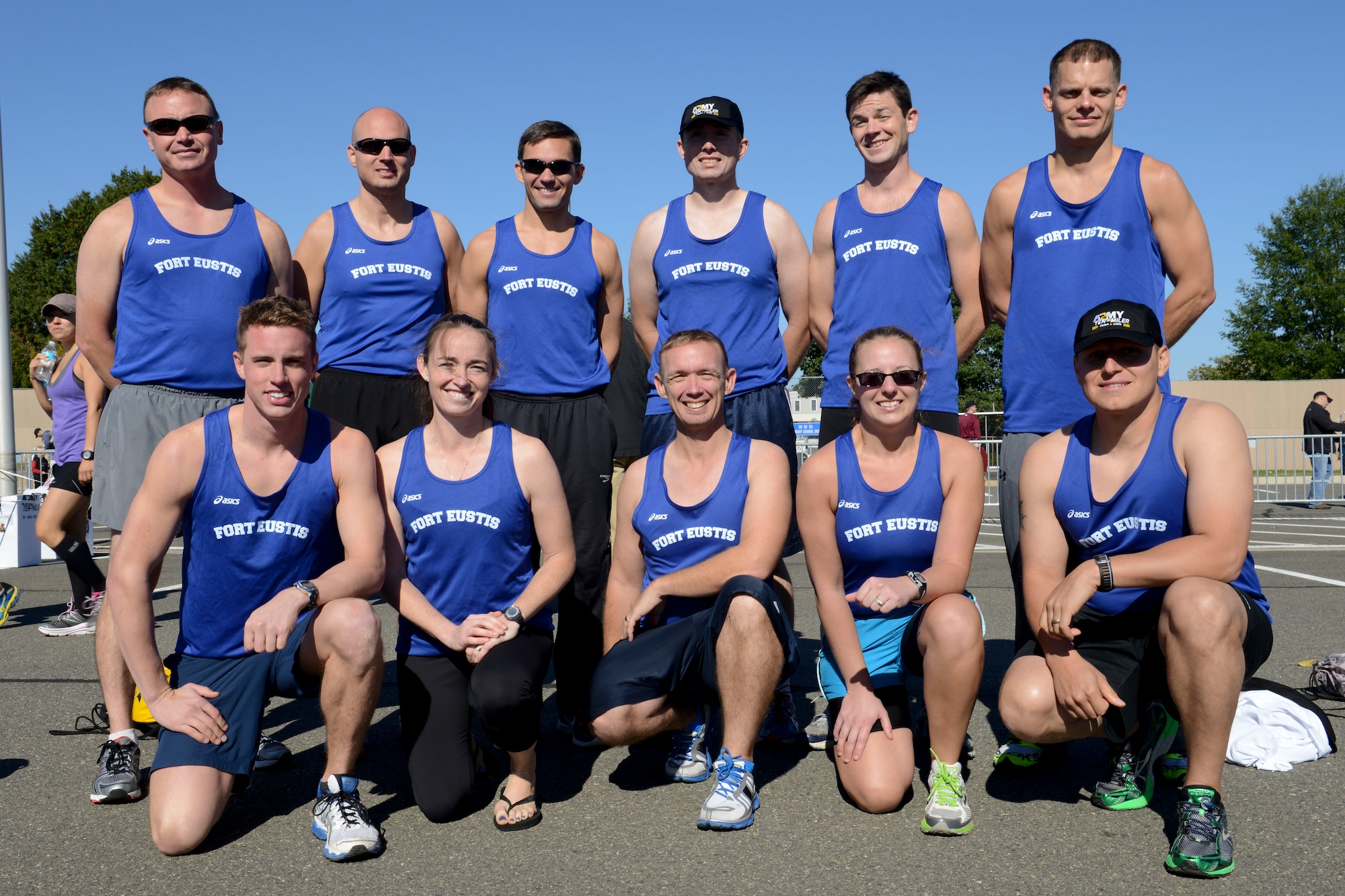 The Fort Eustis Ten-Mile team poses for a group photo after the U.S. Army Ten-Miler race in Washington, D.C., Oct. 20, 2013. The team placed first in the Active Duty Mixed Division. (U.S. Air Force photo by Staff Sgt. Ciara Wymbs/Released)