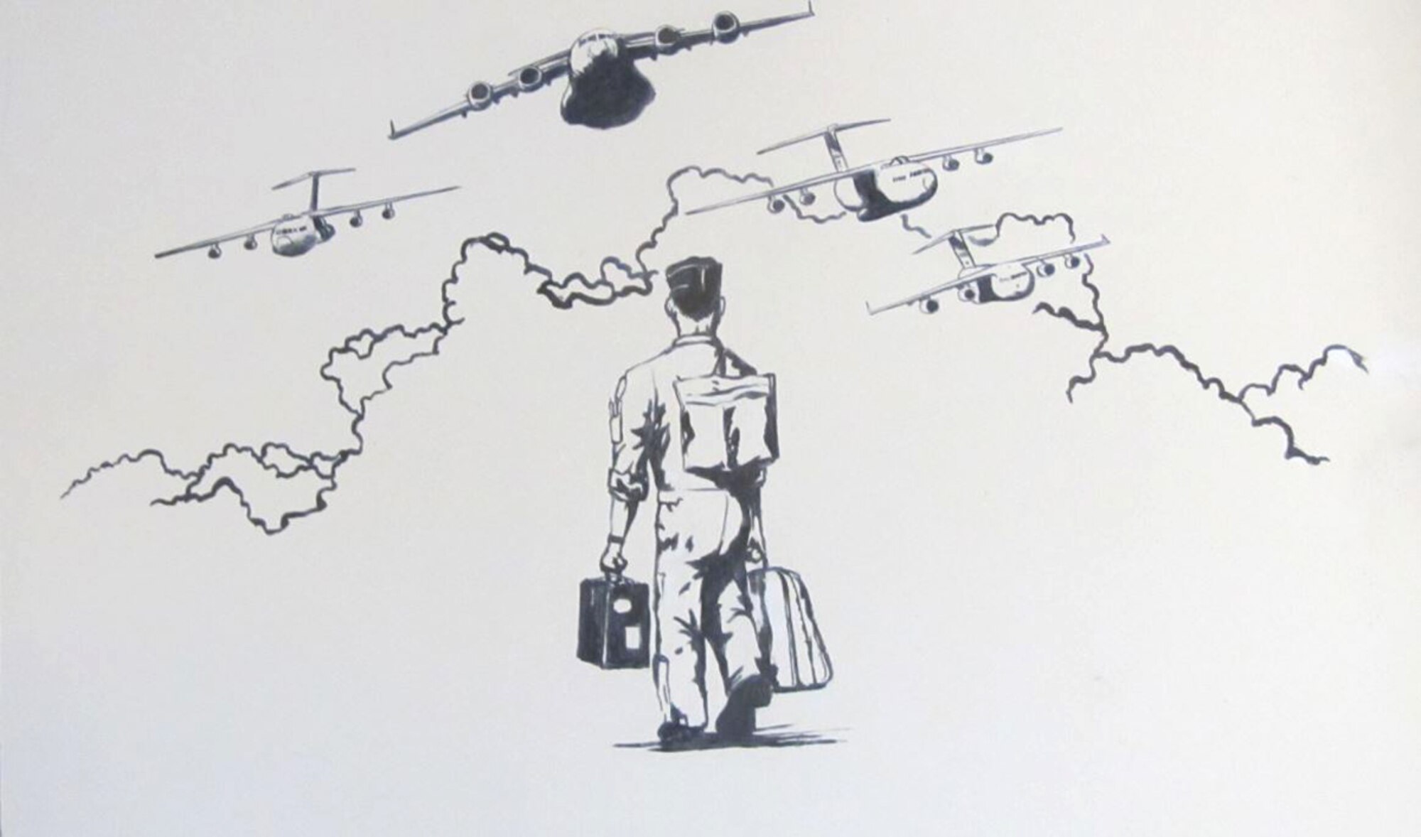 The artwork accompanying this article is the result of his creative talents and the ideas Mary wanted as a tribute to her late husband Master Sgt. Dan Daiber of the 701st Airlift Squadron.  The Airman is walking away from friends and family.  He’ll be joined by others soon, but he’ll not come home from this journey as before.  As he humbly walks away, he just begins to notice; approaching him is a formation of 17’s and 141’s.  The C-17 is just beginning to pitch up in salute to a life well lived as a fellow crewmember, squadron buddy, father, friend, son, husband and patriot. (art courtesy Senior Master Sgt. Darby Perrin)