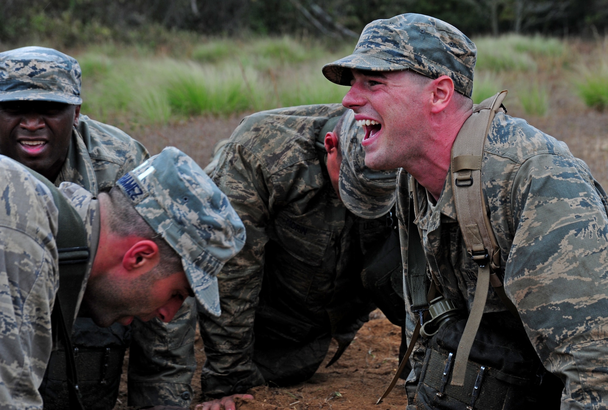 Airmen endure demanding physical exercise during a Pre-Ranger Assessment Course at Davidsonville Communications Site, Md., Oct. 7, 2013. Continual physical exercise and endurance is reinforced daylong throughout the course to ensure the Airmen have the required strength if they were to be selected for the 62 daylong Army Ranger Course. (U.S. Air Force photo/Airman 1st Class Erin O’Shea)