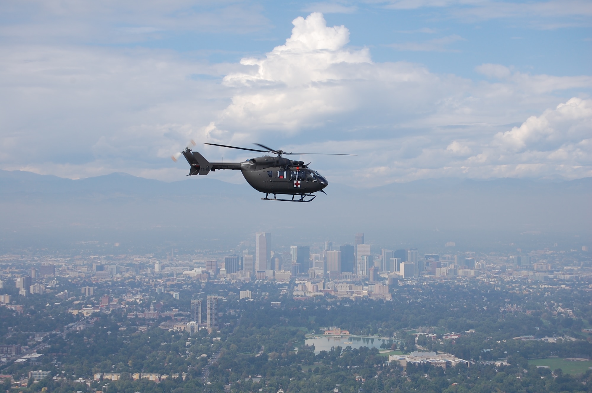 The Colorado Army National Guard took Gen. Frank Grass, chief, National Guard Bureau, in a UH-72 Lakota, to survey the flood damage on the way to visit the 233d Space Group in Greeley, Colo. Floods devastated large portions of the state during September 2013 and Colorado National Guard members were activated to help in emergency response efforts. (Air National Guard photo by Capt. Kinder Blacke)