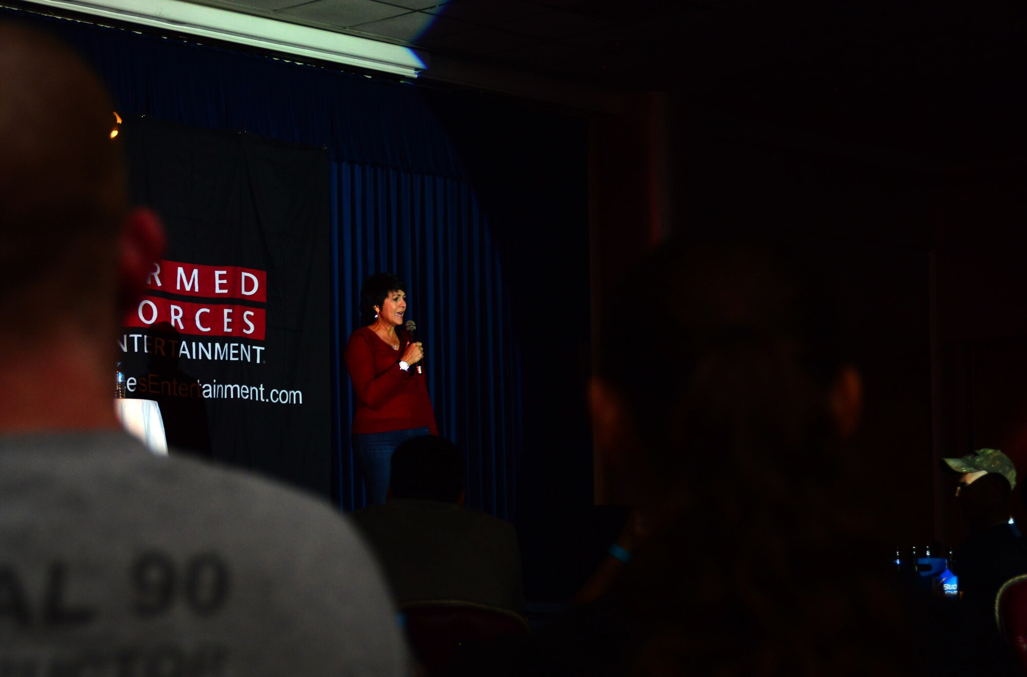 Shayla Rivera, comedian, performs for members of Team Incirlik Oct. 21, 2013, at Incirlik Air Base, Turkey. Her performance was part of a four-person act that toured Eastern Europe. (U.S. Air Force photo by Staff Sgt. Eric Summers Jr./Released)