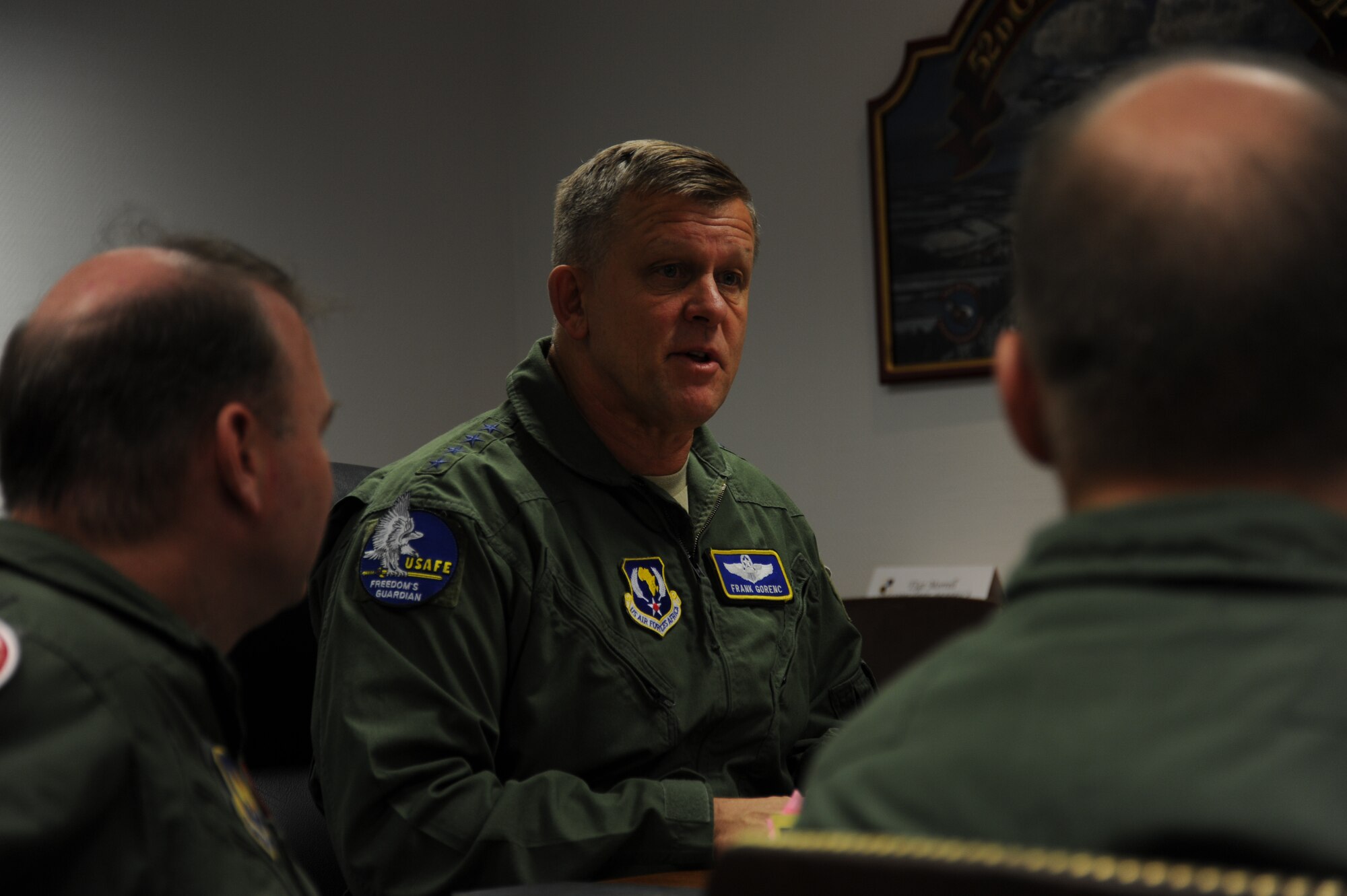 SPANGDAHLEM AIR BASE, Germany --- Gen. Frank Gorenc, U.S. Air Forces in Europe and Air Forces Africa commander, makes a statement to base leaders during a leadership conference at 52nd Fighter Wing headquarters Oct. 18, 2013. The general and Chief Master Sgt. James Davis, USAFE and AF Africa command chief, toured the installation as part of their visit. (U.S. Air Force photo by Senior Airman Joe W. McFadden / Released)