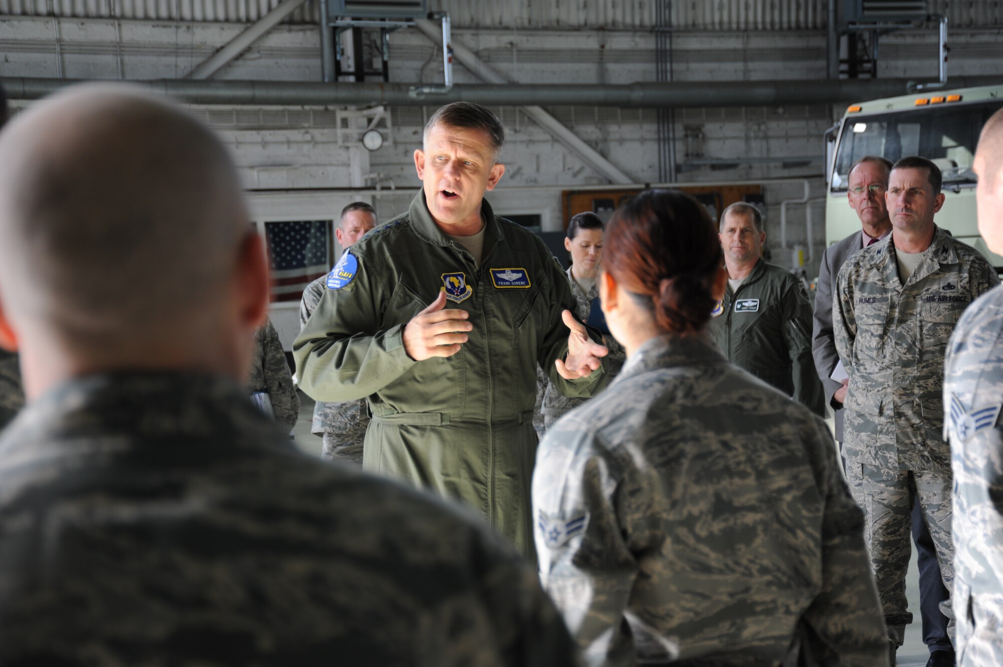 SPANGDAHLEM AIR BASE, Germany --- Gen. Frank Gorenc, U.S. Air Forces in Europe and Air Forces Africa commander, speaks to assembled Spangdahlem Airmen during a tour Oct. 18, 2013. USAFE’s area of responsibility includes 104 countries, possesses more than a quarter of the world's population and generates more than a quarter of the world's gross domestic product. (U.S. Air Force photo by Senior Airman Joe W. McFadden / Released)