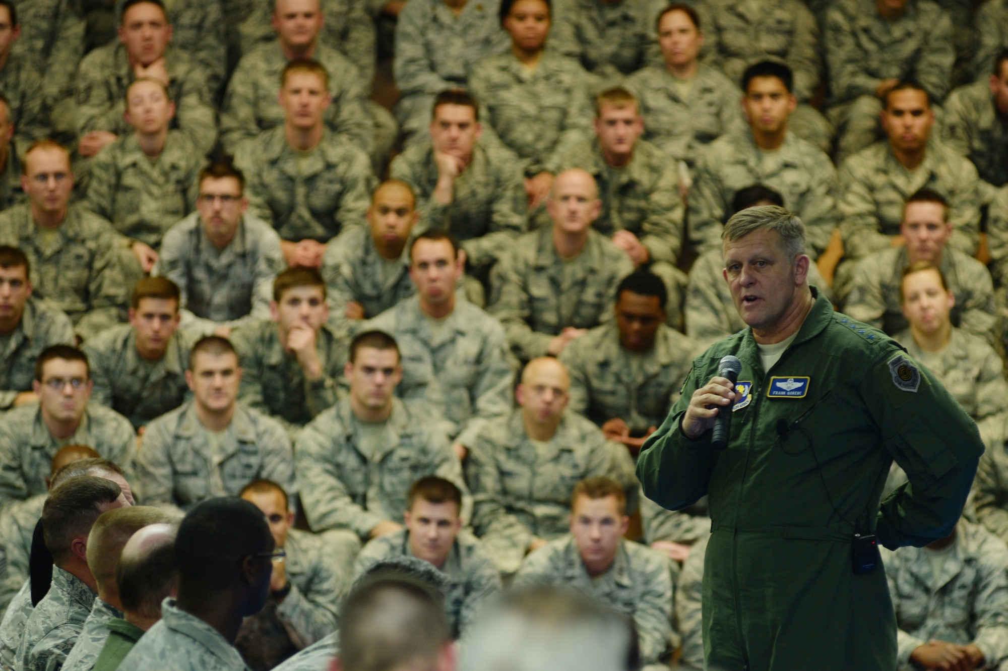 SPANGDAHLEM AIR BASE, Germany --- Gen. Frank Gorenc, U.S. Air Forces in Europe and Air Forces Africa commander, speaks to nearly 2,000 Airmen during a wing all-call at the Skelton Memorial Fitness Center Oct. 18, 2013. As USAFE commander, the general is responsible for Air Force activities, conducted through 3rd Air Force, in an area of operations covering more than 19 million square miles. (U.S. Air Force photo by Senior Airman Joe W. McFadden / Released)